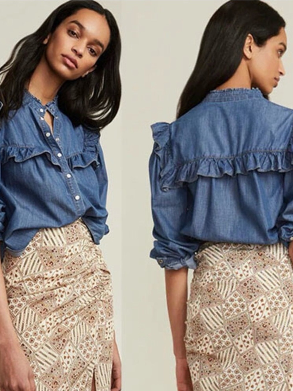Veronica Beard Tes Ruffle Chambray Button-Up Shirt | Size 6 | Medium Indigo